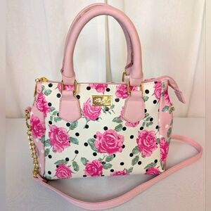 Betsey Johnson Pink Rose And Polka Dot Floral Handbag Tote Satchel EUC